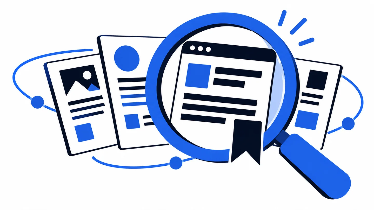 Lupa azul destaca uma página entre cartões de conteúdo, representando a descoberta de informações em buscas.